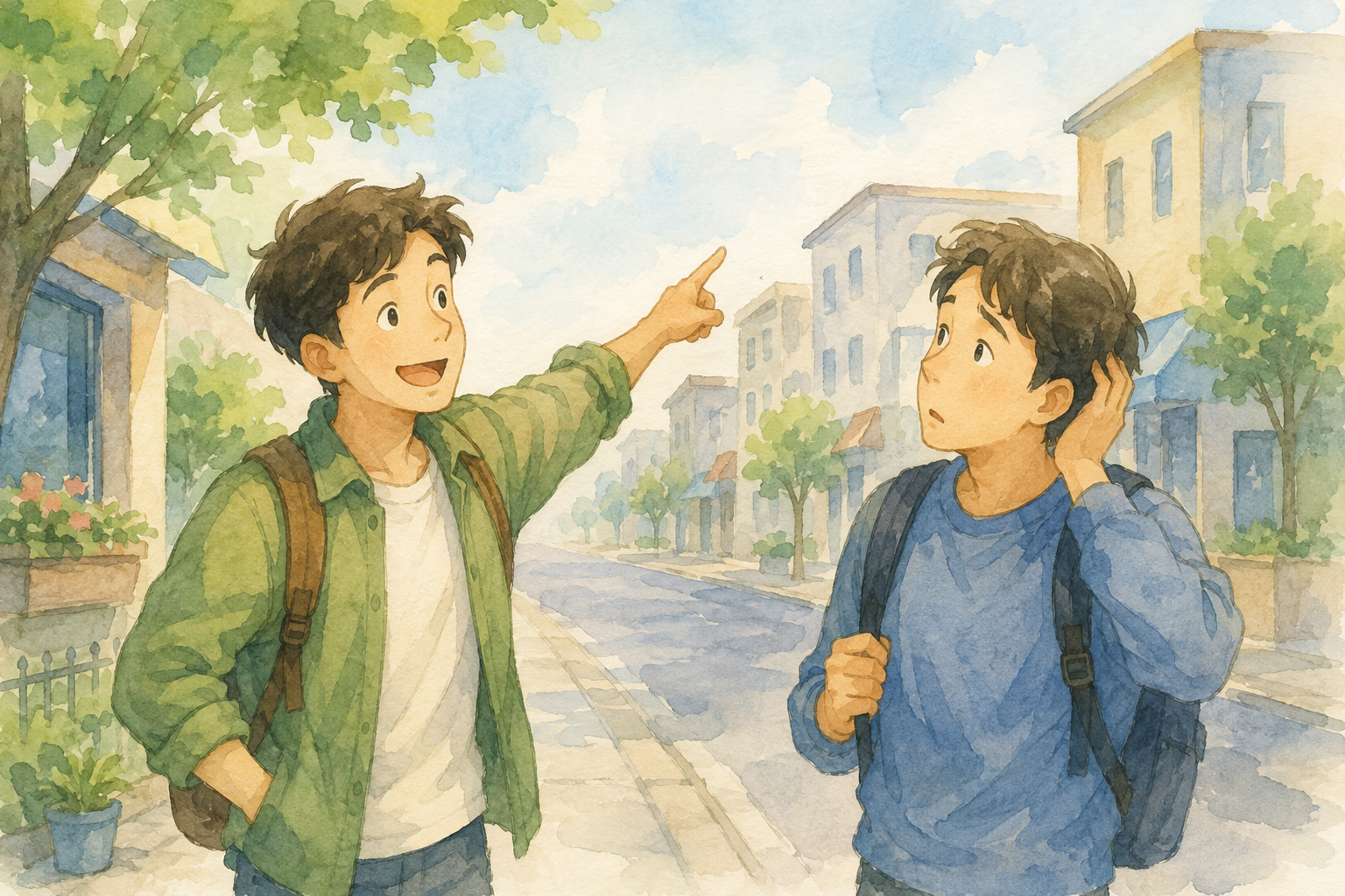 自信満々に道を指差して案内する人と,首をかしげて聞く人のイラスト