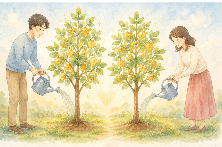 夫婦がそれぞれの木を育てて2本分の実りを得るイメージ
