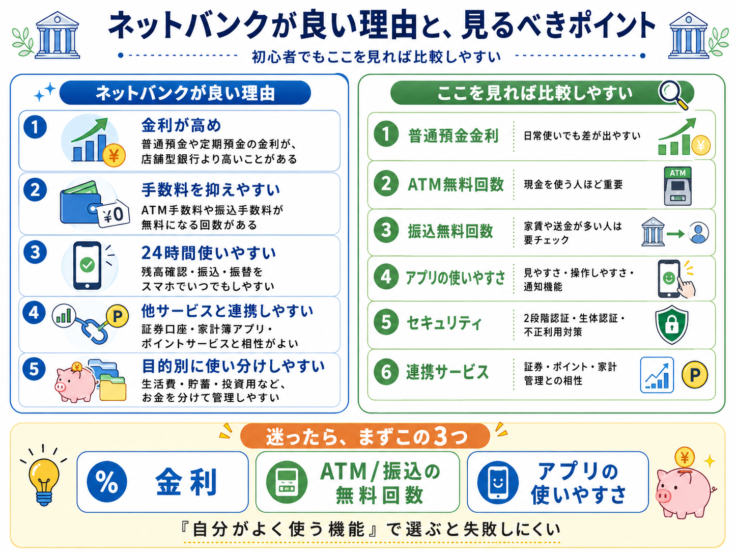 ネット銀行が良い理由5つ（金利が高め，手数料を抑えやすい，24時間使いやすい，他サービスと連携しやすい，目的別に使い分けしやすい）と，比較すべき6つのポイント（普通預金金利，ATM無料回数，振込無料回数，アプリの使いやすさ，セキュリティ，連携サービス）を示す図